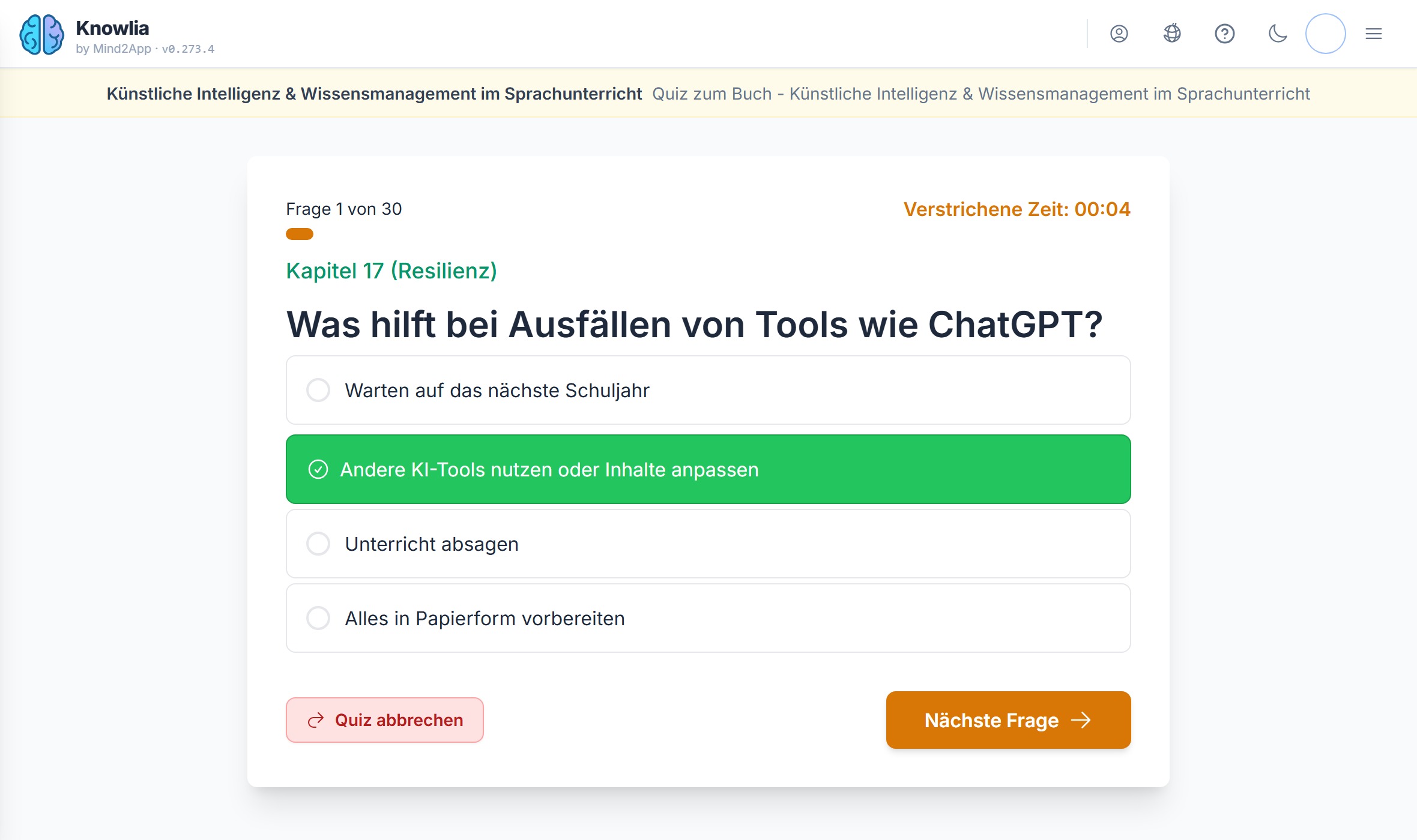 Knowlia: Quizfrage im Übungsmodus mit Antwortmöglichkeiten und Rückmeldung